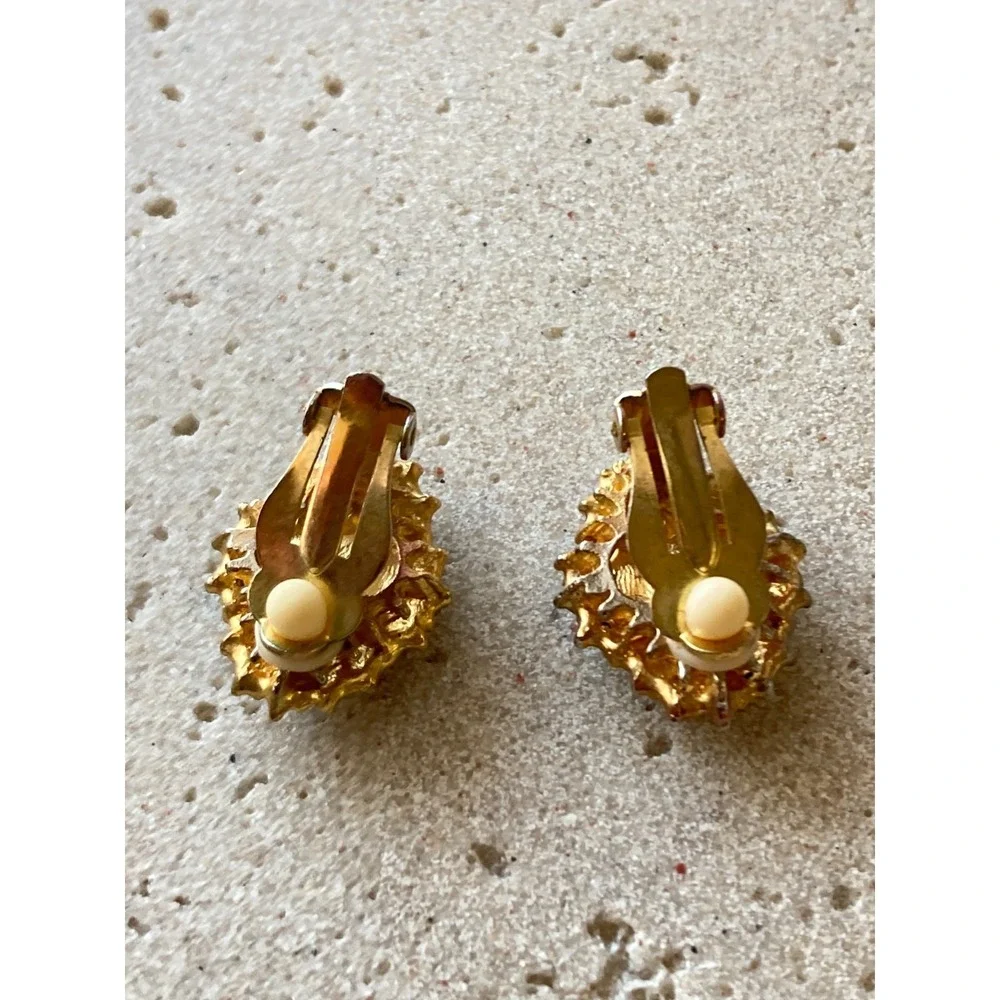 Vintage Clip On Earrings AB Halo Gold Tone Smoky Brown Rhinestone Romantic Glam